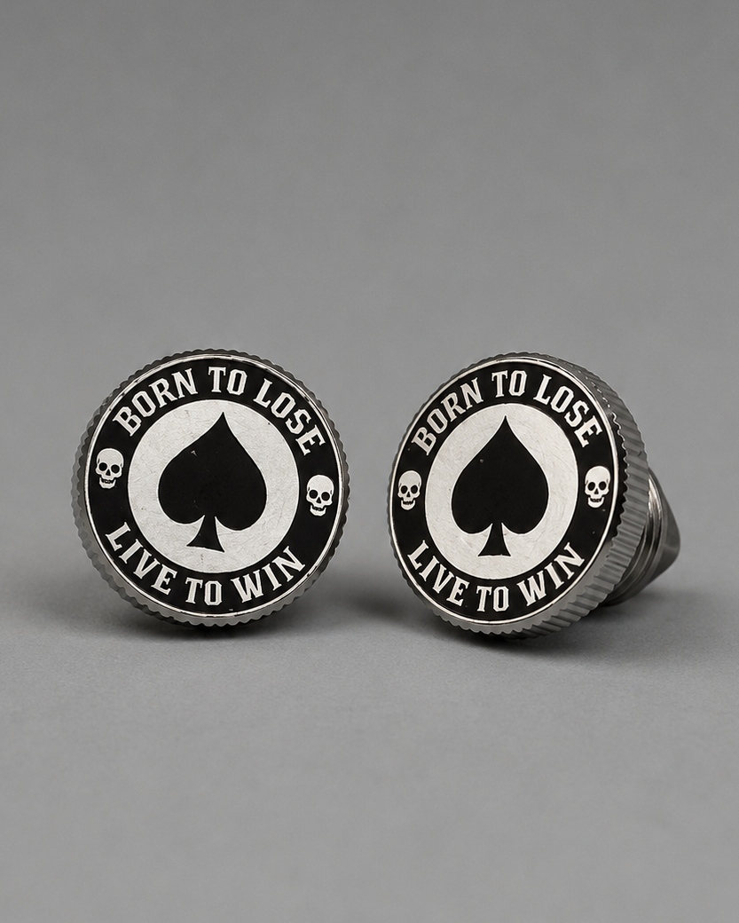 Set of 2 engraved Born to Lose Live to Win motorcycle license plate bolts with spade and skull design