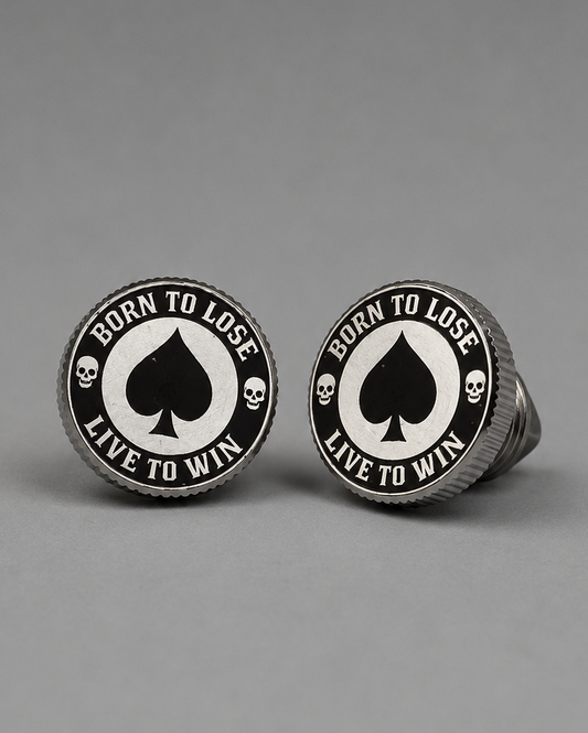 Set of 2 engraved Born to Lose Live to Win motorcycle license plate bolts with spade and skull design