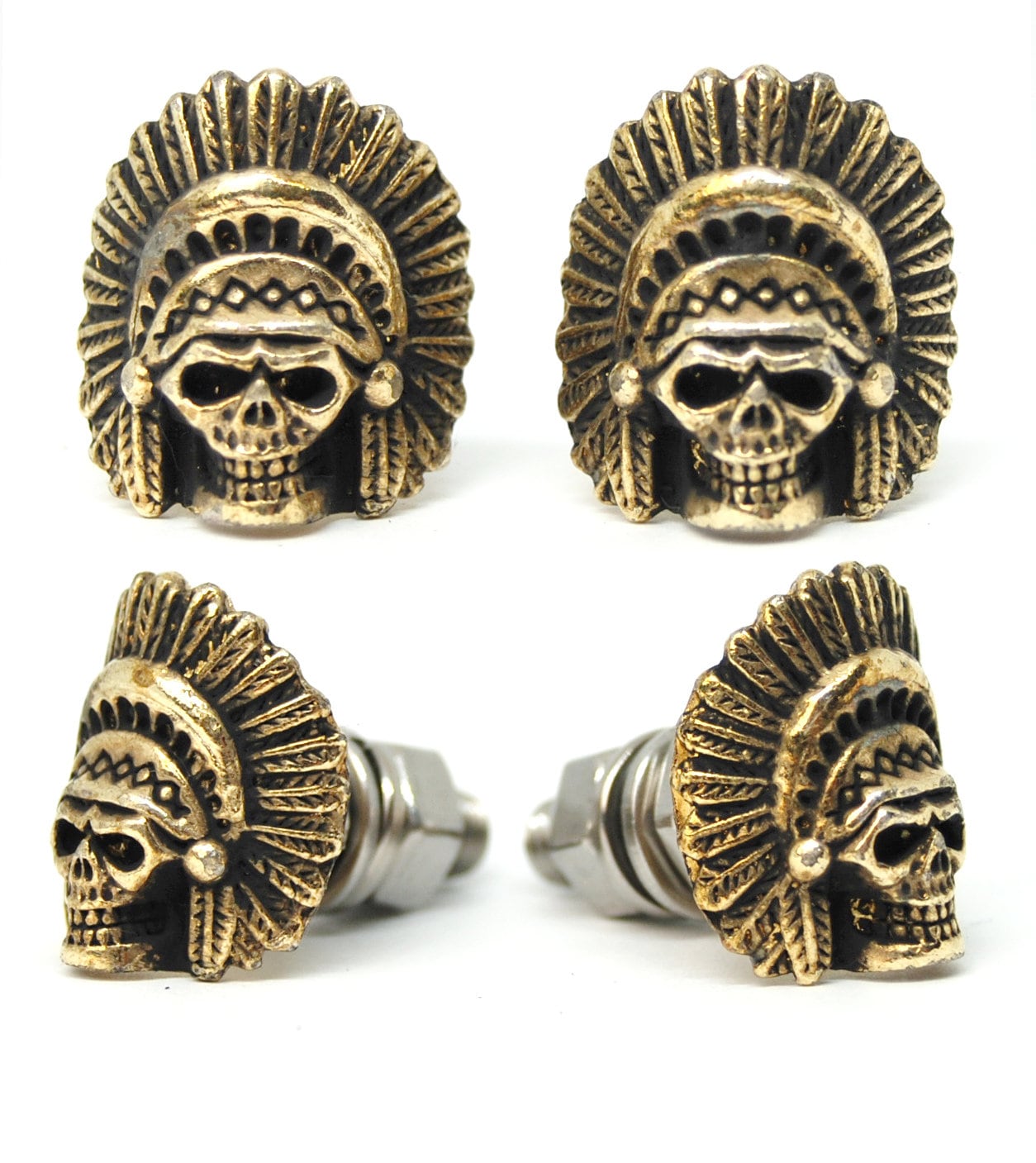 Gold Chief Skull Bolts, M6 Stainless Steel License Plate Screws, Indian / Native American Motorcycle Bolts, Biker Gift Set