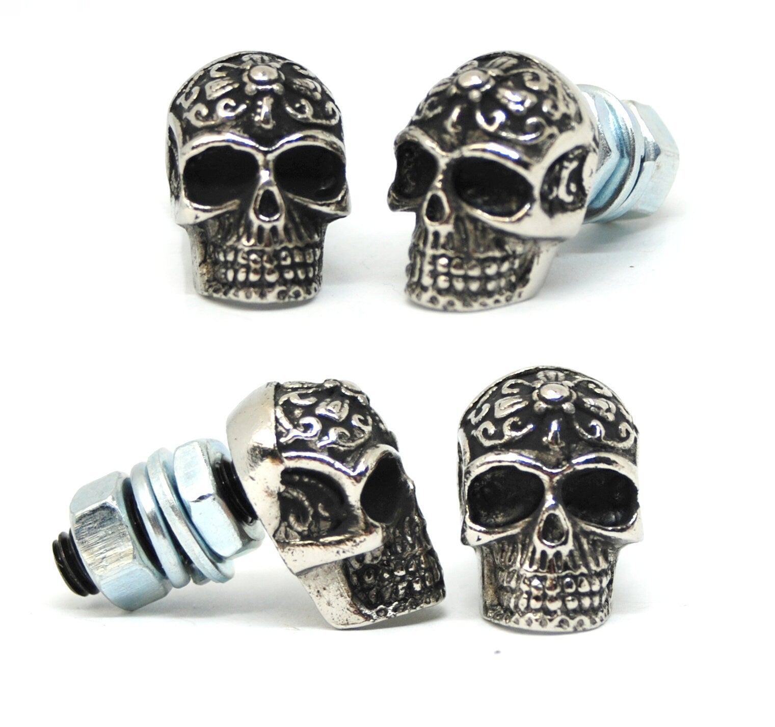 metal casted License plate Skull bolts,tribal,4 pcs.custom,harley davidson gifts tag screws or any motorcycle,chopper,