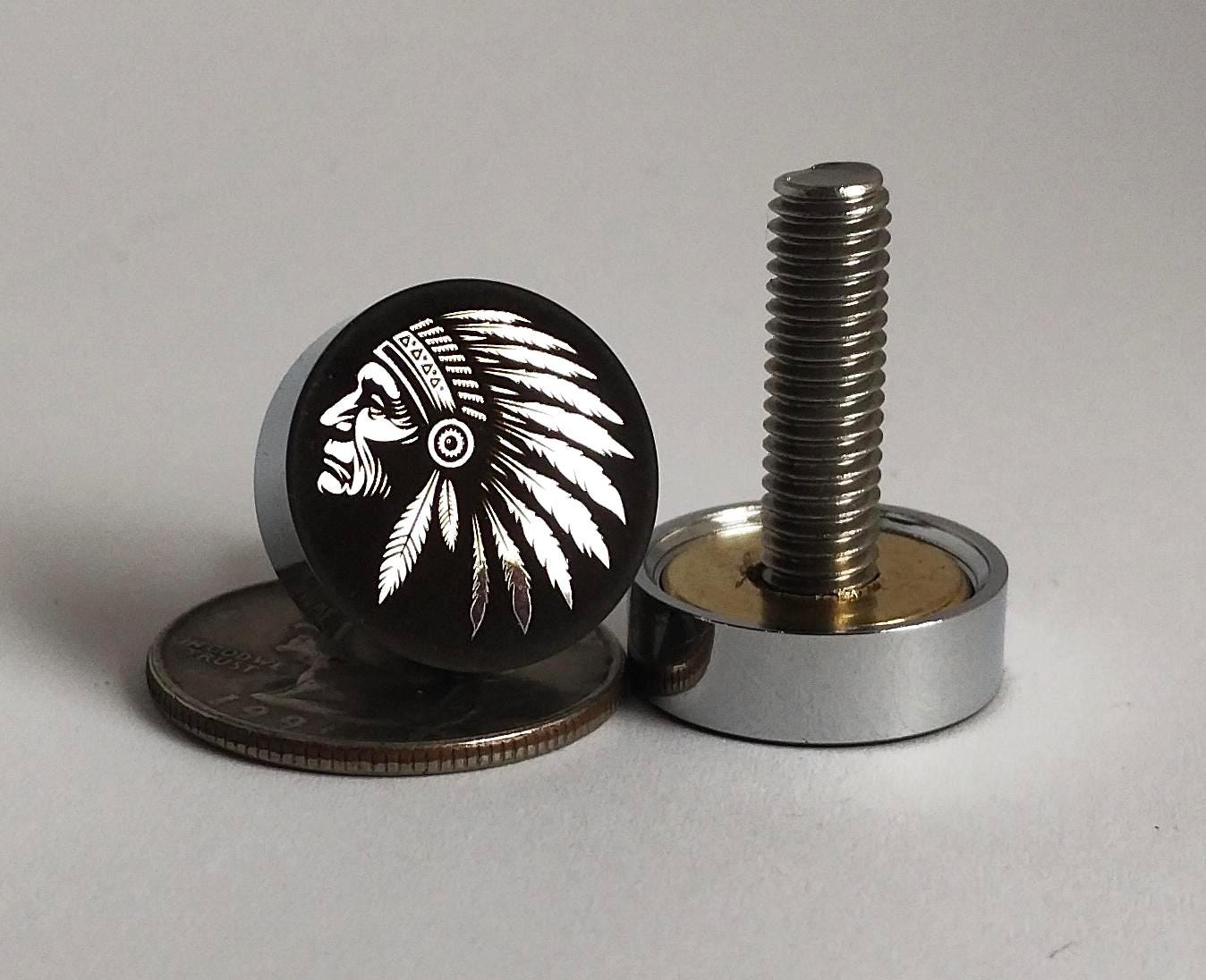 Indian Chief skull design engraved on metal motorcycle bolt covers